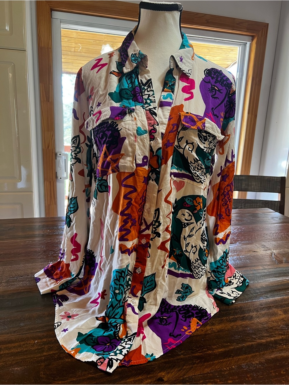 Abstract Floral and Portrait Button-Down Shirt in Cream, Teal & Purple